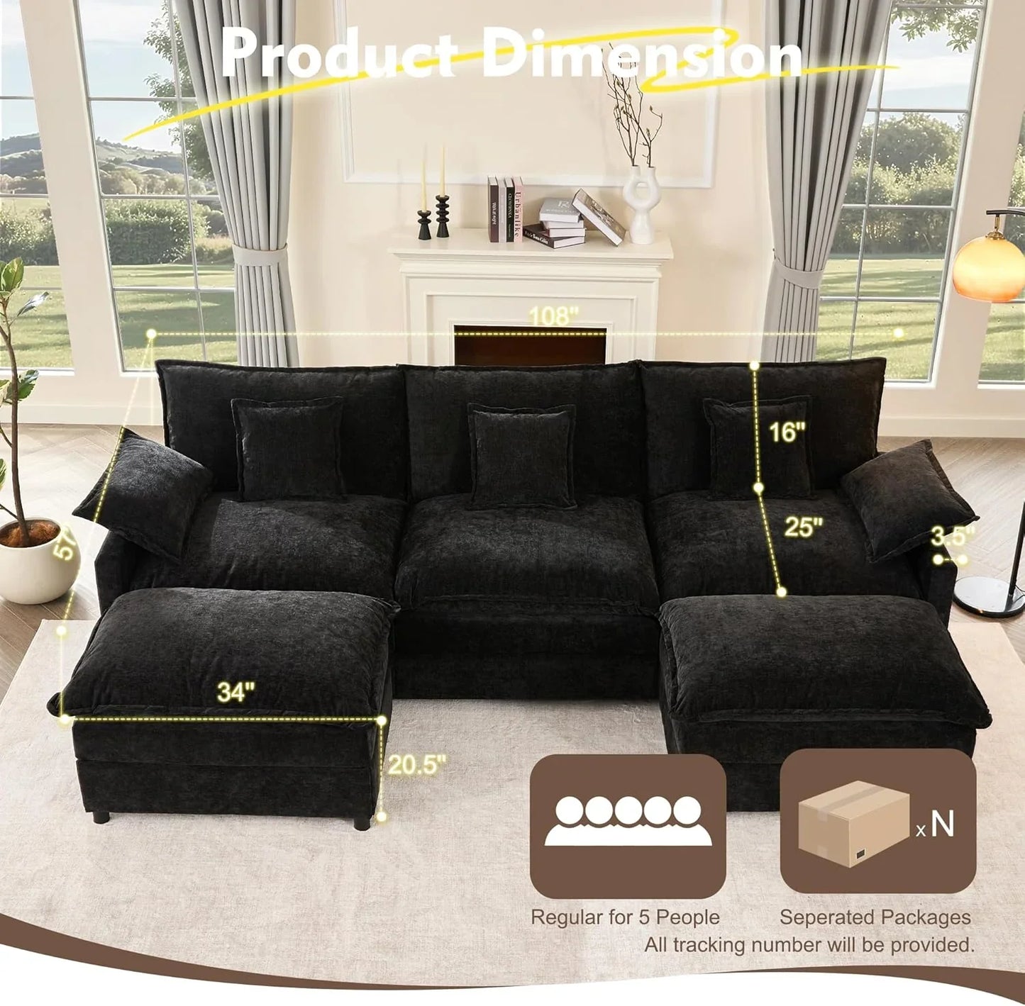 108 In. U Shape Sofa Sectional Sofa Comfortable Cloud Sofa With Removable Footstool