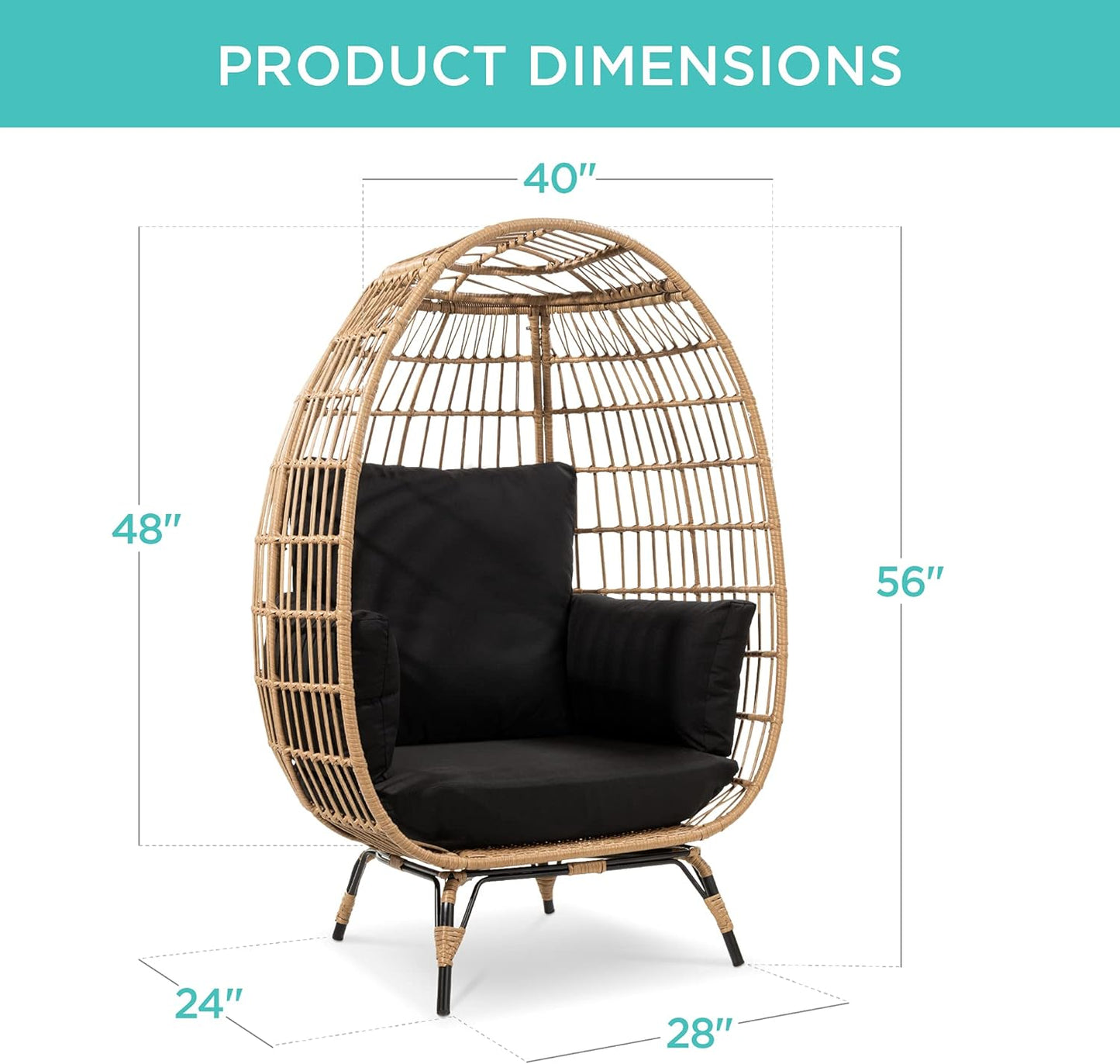 Best Choice Products Wicker Egg Chair Oversized Indoor Outdoor Lounger For Patio Backyard Living Room W/4 Cushions Steel Frame 440lb Capacity- Ivory