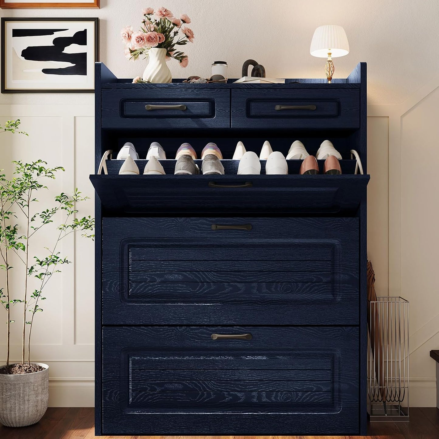 Shoe Cabinet With 3 Large Flip Drawers And 2 Storage Drawers, Narrow Shoe Organizer Cabinet Fits