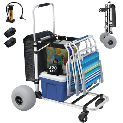 Foldable Beach Cart With Adjustable Handle And 12 In. Balloon Wheels, Heavy Duty Aluminum 220lbs Capacity