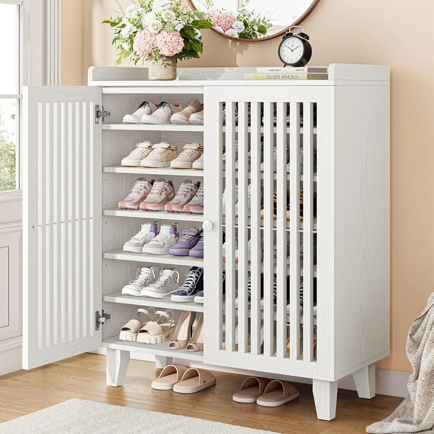 Ironck Shoe Cabinet With Slatted Doors, 6-Tier Shoe Storage Cabinet