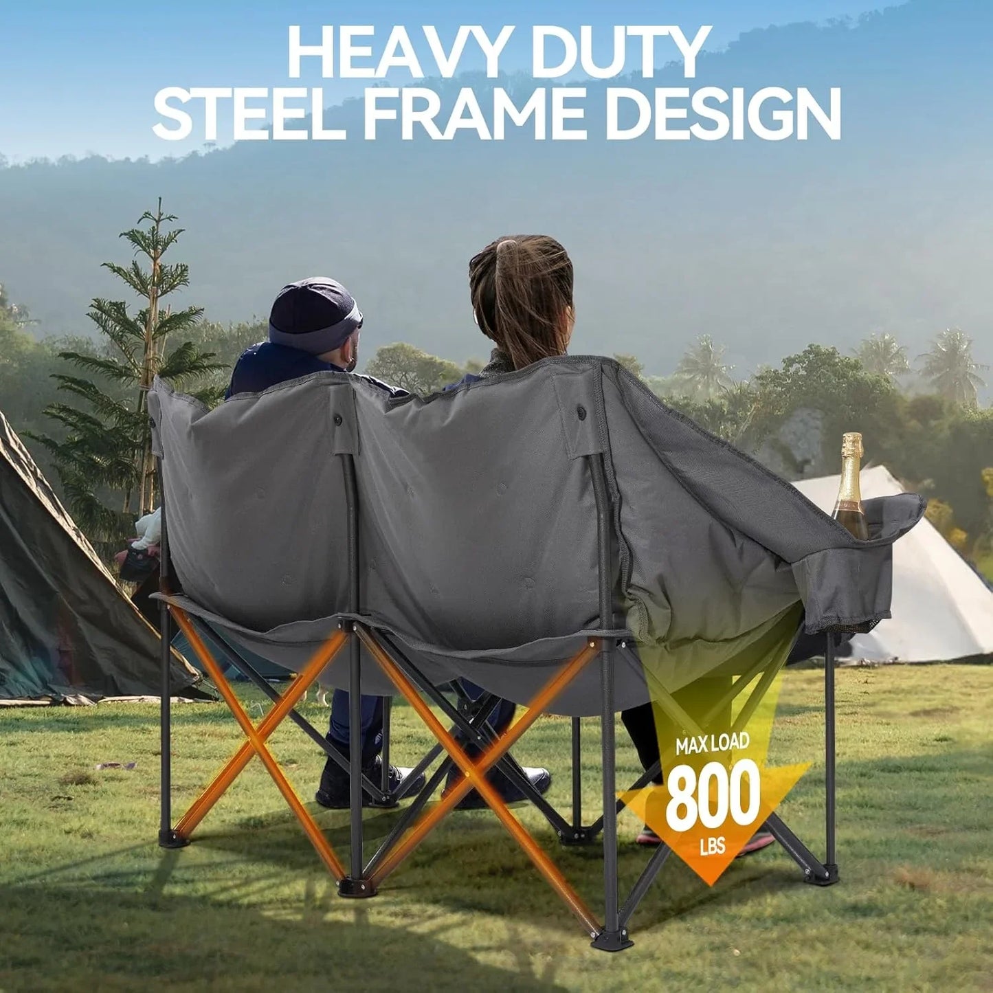 Double Camping Chairs Padded Loveseat Chair For 2 Person- Heavy Duty Oversized Camping Couch For Adults Outdoor Lawn Beach- Portable Folding