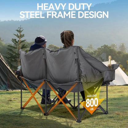 Double Camping Chairs Padded Loveseat Chair For 2 Person- Heavy Duty Oversized Camping Couch For Adults Outdoor Lawn Beach- Portable Folding