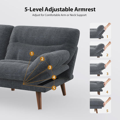 Pipishell Convertible Futon Sofa Bed, 66 In. Corduroy Futon Couch With Adjustable Backrest And Armrests, Recliner Sleeper Sofa For Small Spaces