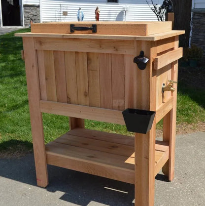 All Weather 48 Quart Antiqued Cedar Cooler Stand With Brass Drain, Bottle Opener And Cap Catcher, Beer Cooler