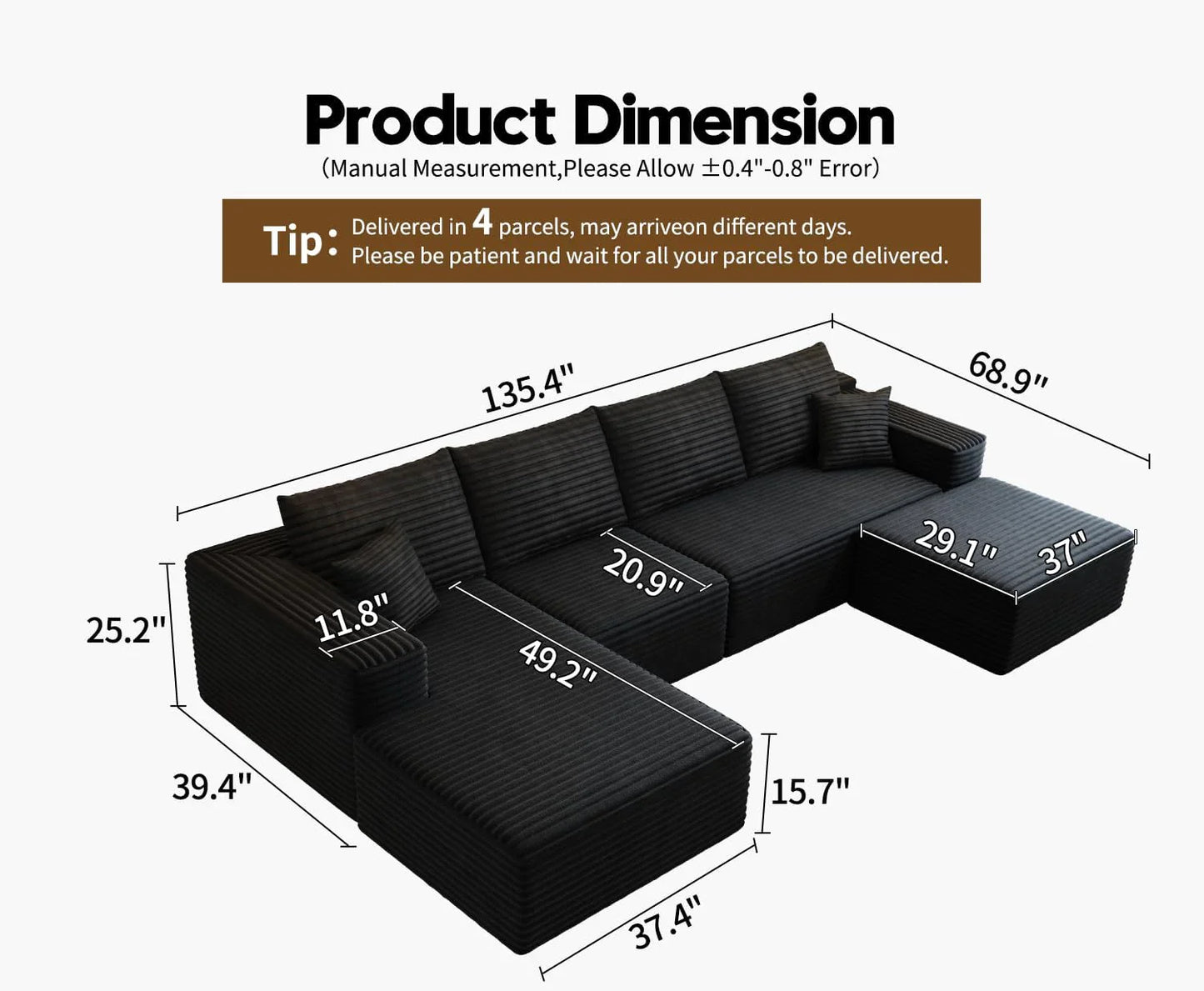 107.5 In. Cloud Modular Sectional Sofa Couch With L-Shape Chaise, Modern Minimalist Upholstered Couches For Living Room Bedroom