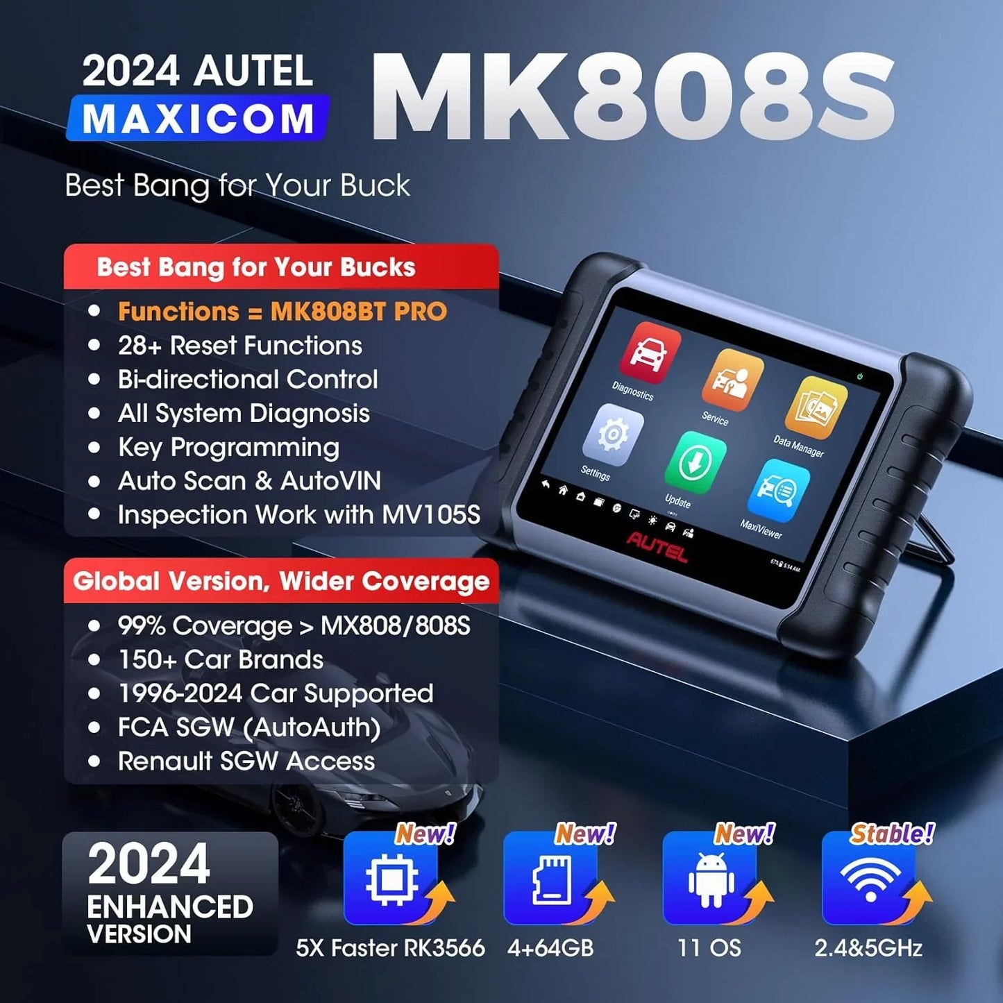 Bidirectional Tool As MK808BT Pro MX808S M808Z, Function As MaxiCheck MX900, Active Test, All System Diagnose, Injector Coding