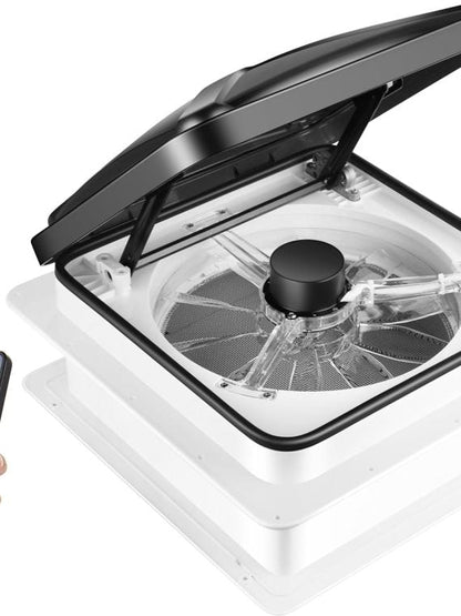 MaxxAir 10 Speed Roof Vent Fan 12V With Thermostat, Rain Sensor, Remote And App Control, 14 In. x 14 In. Reversible Powered Lift