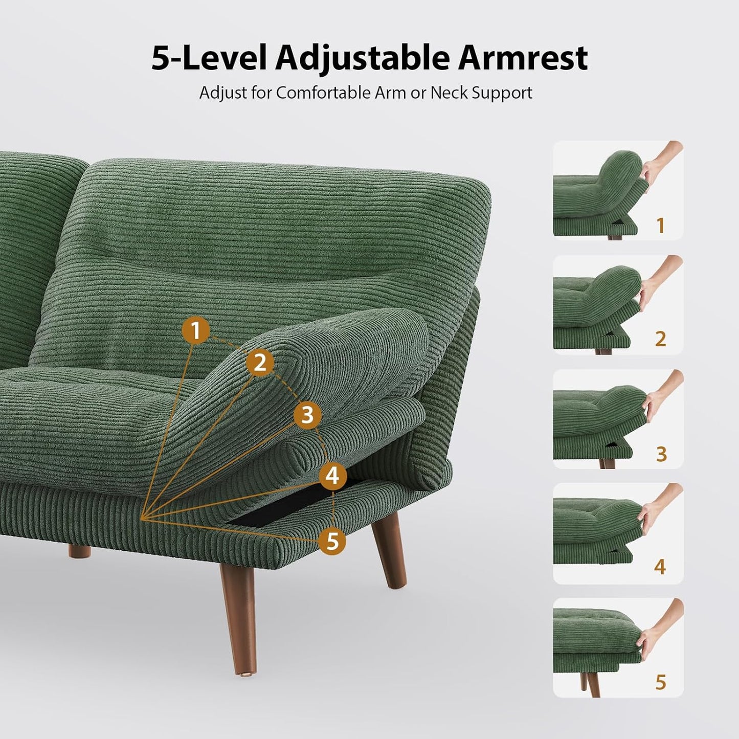 Pipishell Convertible Futon Sofa Bed, 66 In. Corduroy Futon Couch With Adjustable Backrest And Armrests, Recliner Sleeper Sofa For Small Spaces