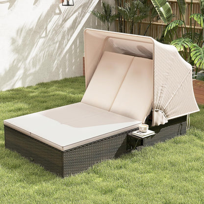 RELAX4LIFE Outdoor Daybed Retractable Canopy Wicker Double Chaise Lounge 6-Position Backrest