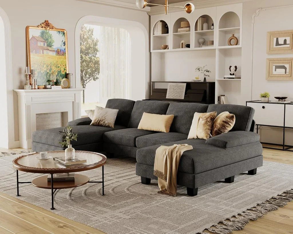 Furmax Sectional Couches For Living Room, U-Shaped Sofa Couch With Linen Fabric, 4 Seat Sofa Set With Double Chaise For Apartment, Fabric, Grey