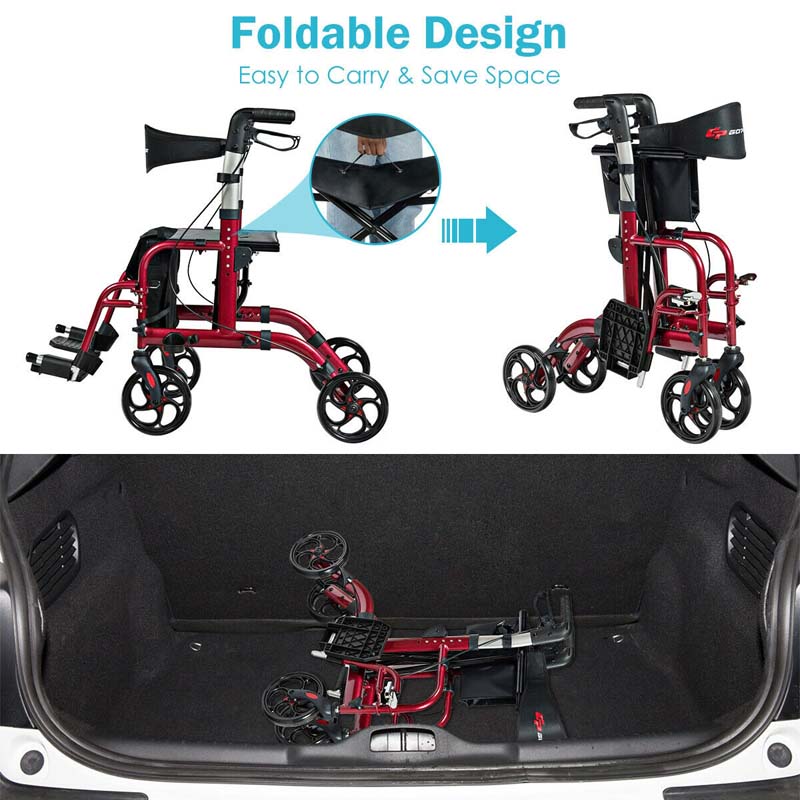 2-in-1 Rollator Walker Wheelchair Folding Medical Walker Aluminum Transport Chair Mobility Walking Aid- Comfortable And Ergonomic Design
