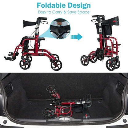 2-in-1 Rollator Walker Wheelchair Folding Medical Walker Aluminum Transport Chair Mobility Walking Aid- Comfortable And Ergonomic Design