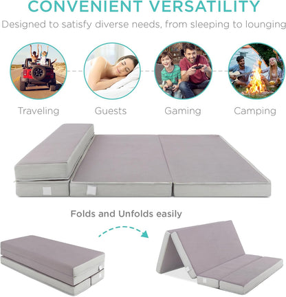 Best Choice Products 4 In. Portable Queen-Size Mattress, Tri-Fold Mattress For Camping, Guest, Toddler, Foam Plush w/Carry Case- Grey