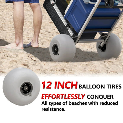 Foldable Beach Cart With Adjustable Handle And 12 In. Balloon Wheels, Heavy Duty Aluminum 220lbs Capacity