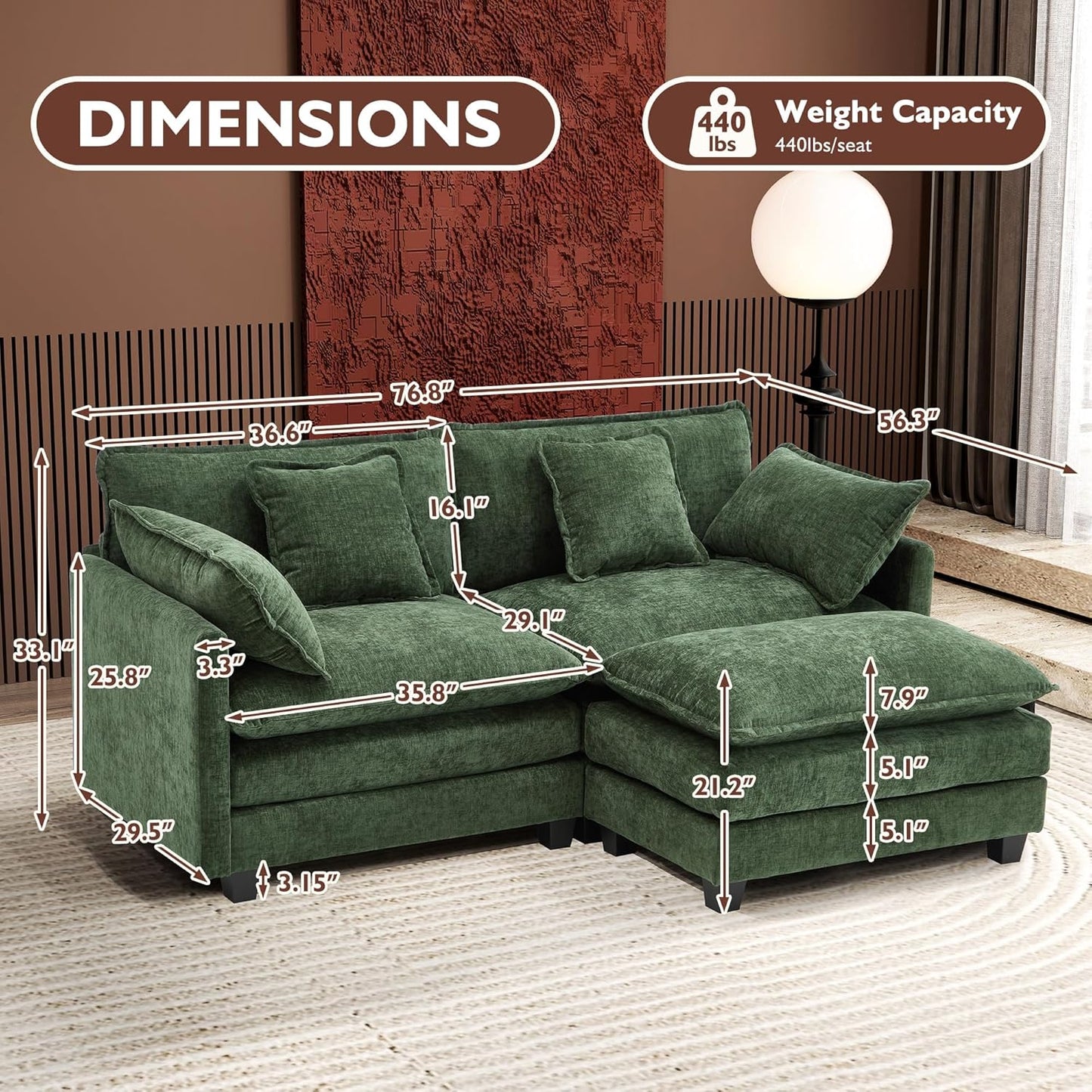 111.4 In. L-Shaped Modern Sofa Modular Cloud Sofa Ottoman 4-Seater Chenille Deep Seat Sofa