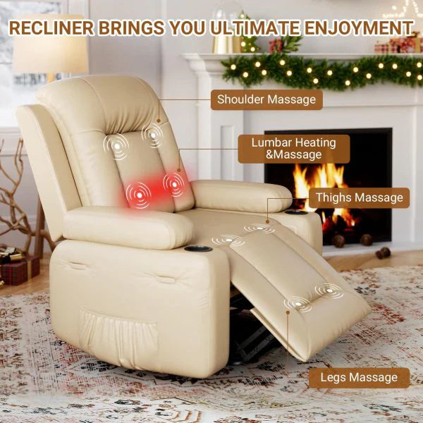 PU Leather Power Lift Recliner Chair With Massage And Heat, Adjustable Furniture For Back, Legs W/3 Positions, USB Port, Side Pocket, Beige