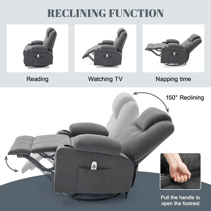 Oversized Swivel Rocker Recliner Chair With Heat And Massage, 360 Degree Swivel Rocking Single Sofa With Cup Holders And USB Port