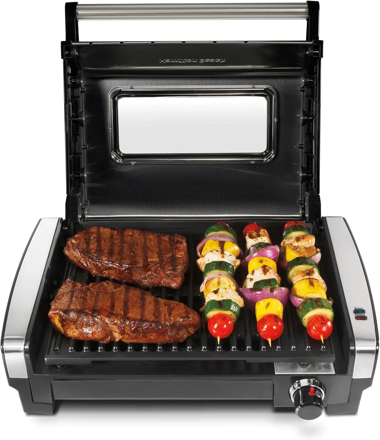 Hamilton Beach Electric Indoor Searing Grill With Viewing Window And Adjustable Temperature Control To 450F, 118 Sq. In. Surface Serves 6