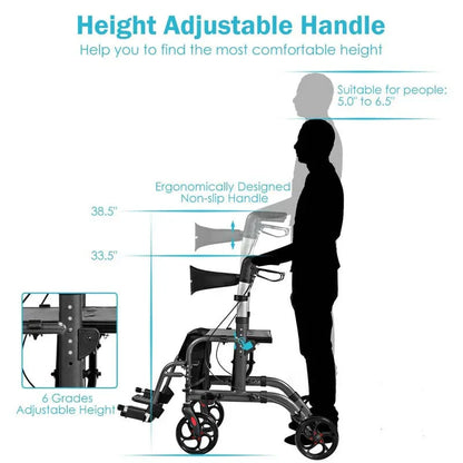 2-in-1 Rollator Walker Wheelchair Folding Medical Walker Aluminum Transport Chair Mobility Walking Aid- Comfortable And Ergonomic Design
