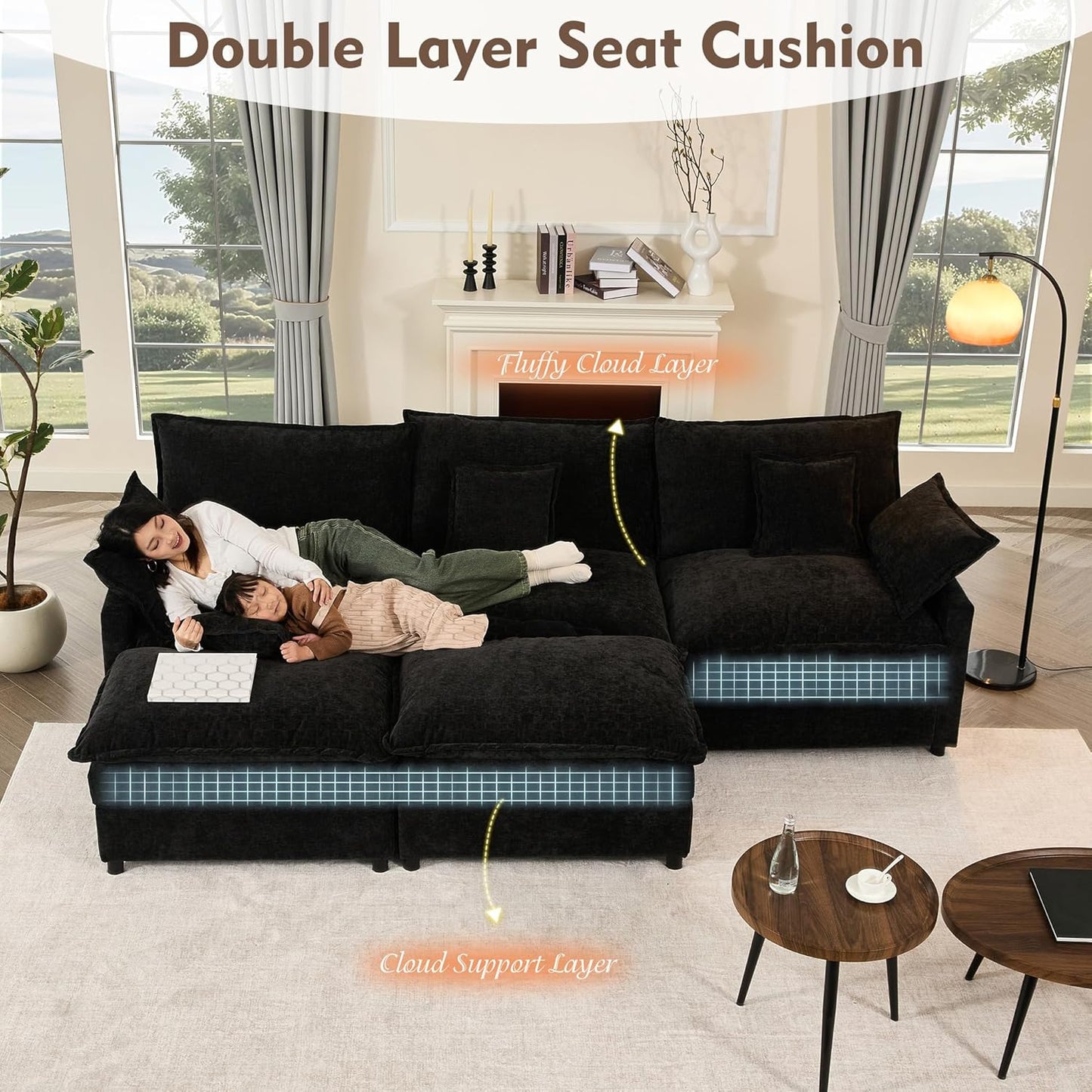 108 In. U Shape Sofa Sectional Sofa Comfortable Cloud Sofa With Removable Footstool