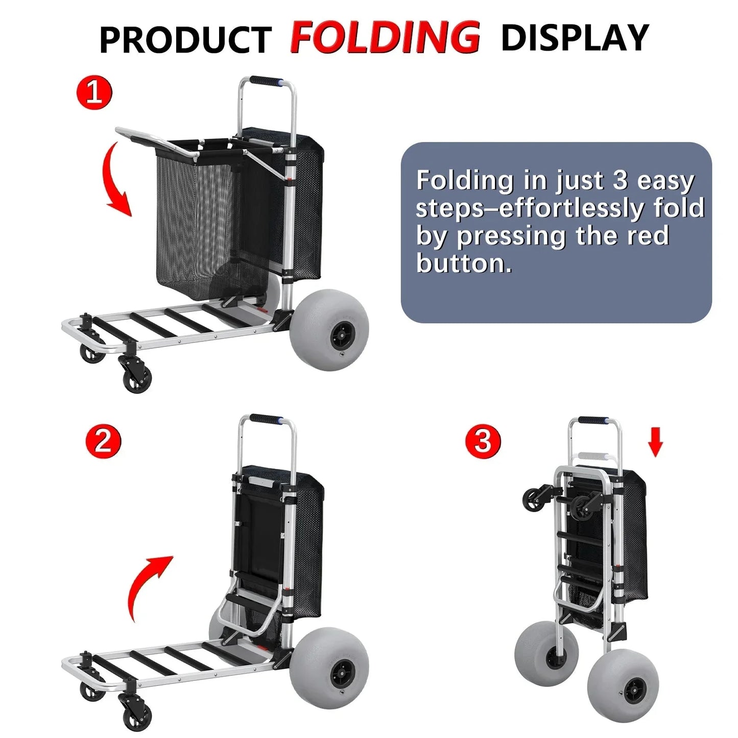 Foldable Beach Cart With Adjustable Handle And 12 In. Balloon Wheels, Heavy Duty Aluminum 220lbs Capacity