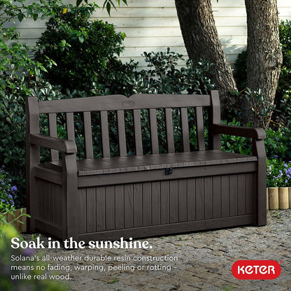 Keter Solana 70 Gallon Storage Bench Deck Box For Patio Furniture, Front Porch Decor And Outdoor Seating