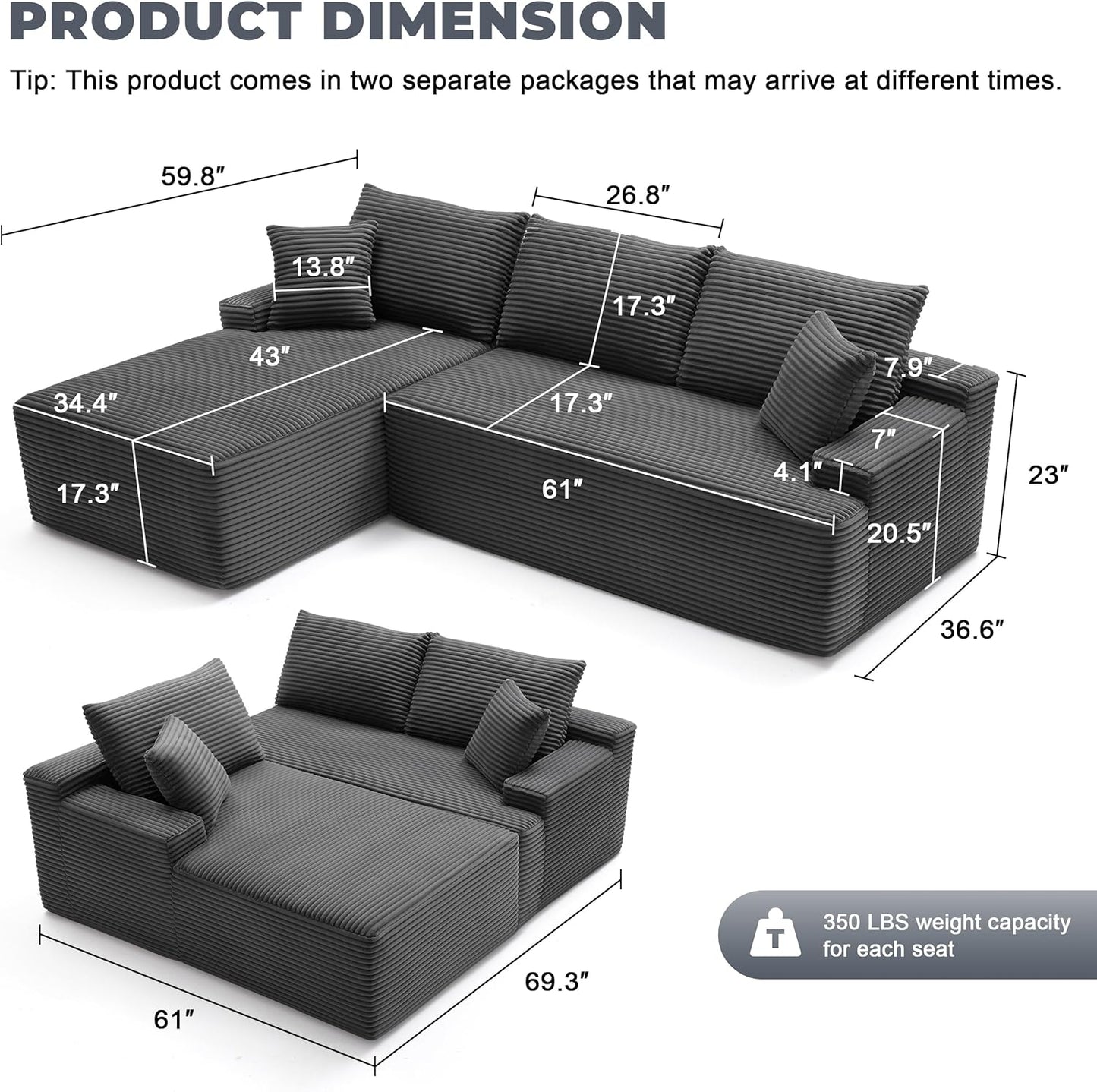 110 Cloud Sectional Couch, Boneless Sofa For Living Room Modular Sectional Sofa With Deep Seat