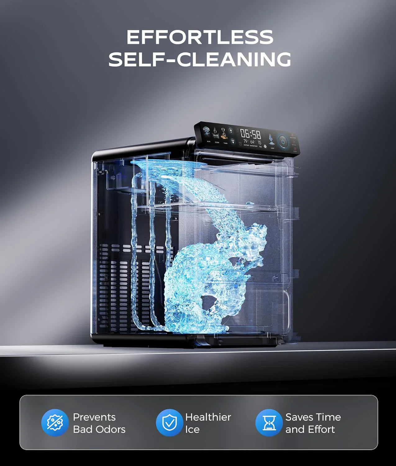 Nugget Ice Maker Countertop, Smart Pebble Ice Machine With App Control, 44 lbs/24H Soft Pellet Chewable Ice With Self-Cleaning, Stainless Steel