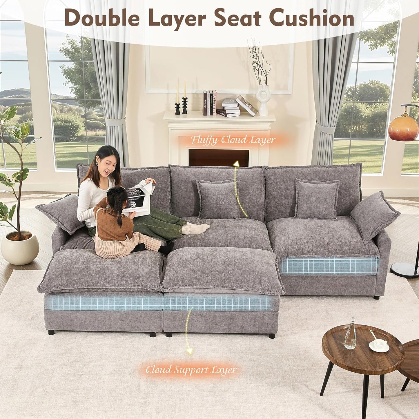 108 In. U Shape Sofa Sectional Sofa Comfortable Cloud Sofa With Removable Footstool