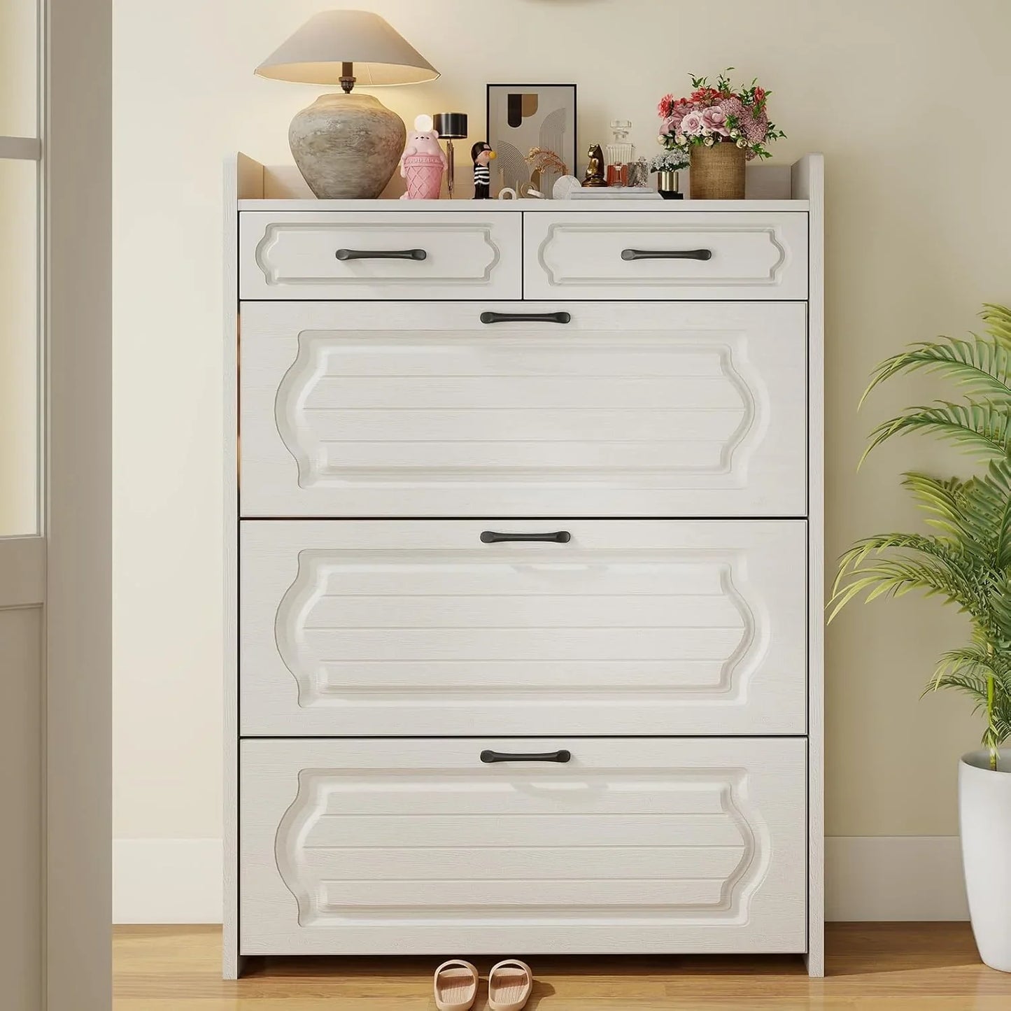 Shoe Cabinet With 3 Large Flip Drawers And 2 Storage Drawers, Narrow Shoe Organizer Cabinet Fits