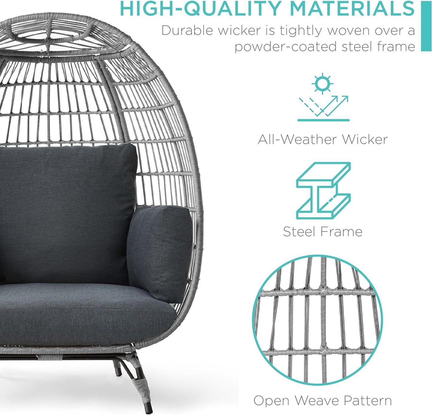 Best Choice Products Wicker Egg Chair Oversized Indoor Outdoor Lounger For Patio Backyard Living Room W/4 Cushions Steel Frame 440lb Capacity- Ivory