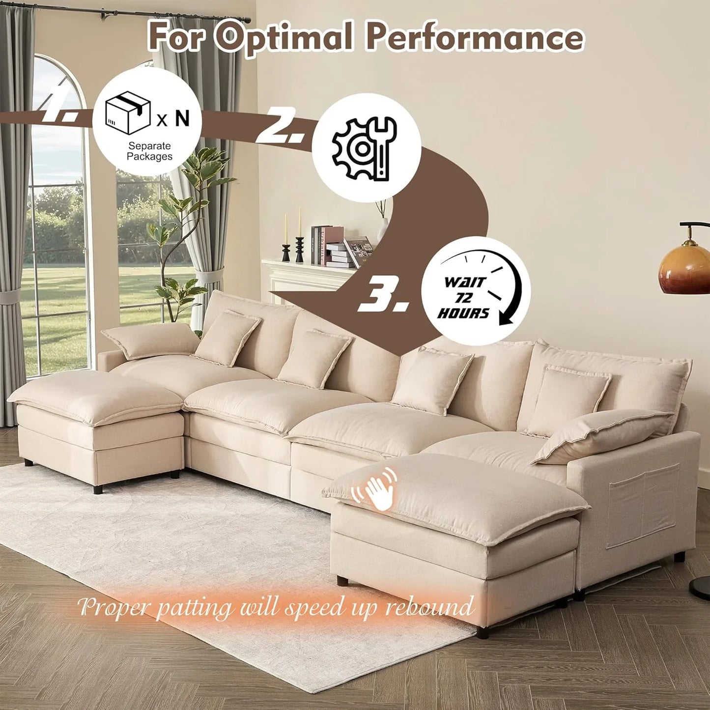108 In. U Shape Sofa Sectional Sofa Comfortable Cloud Sofa With Removable Footstool