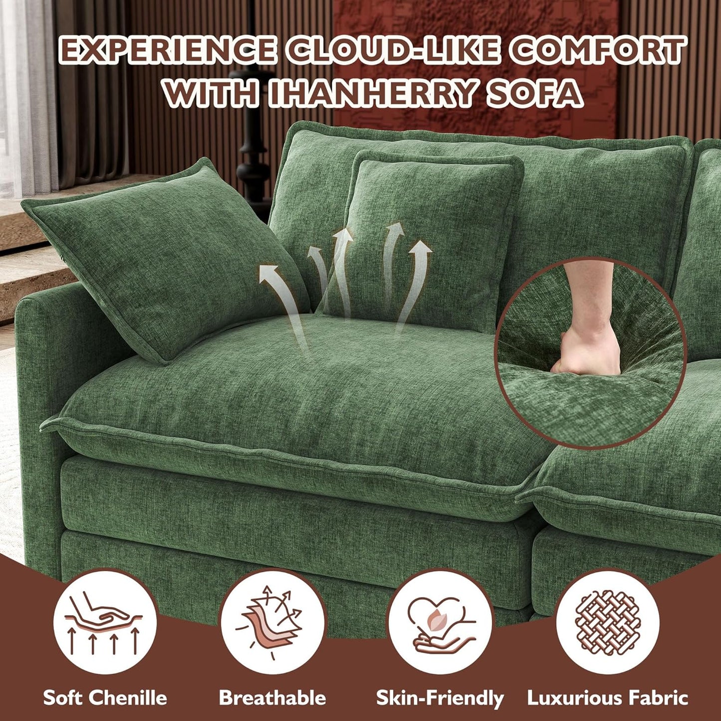 Ihanherry 146 In. U-Shaped Modern Sofa Modular Sectional Cloud Couch With 2 Ottoman