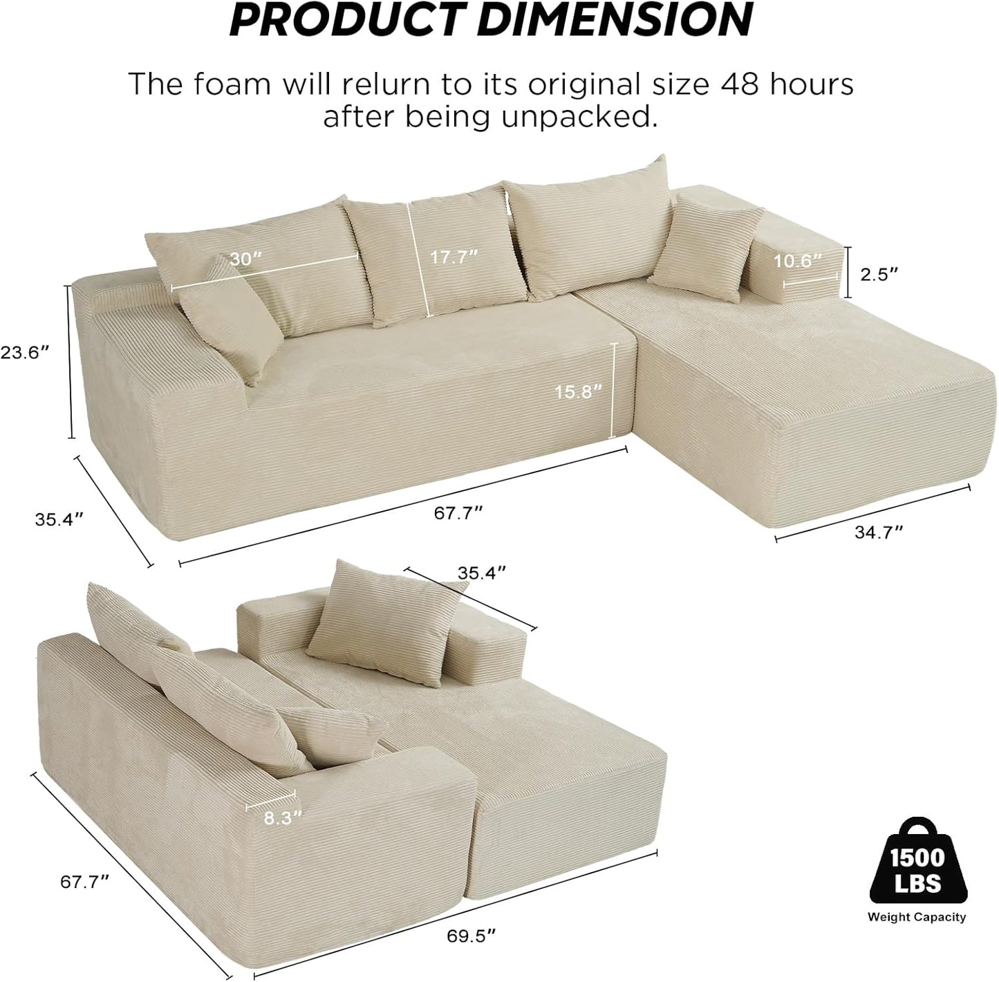 Cloud Sectional Couch With L-Shape Chaise, Modern Modular Sofa With Deep Seat, Upholstered Couches For Living Room Bedroom, No Assembly Required