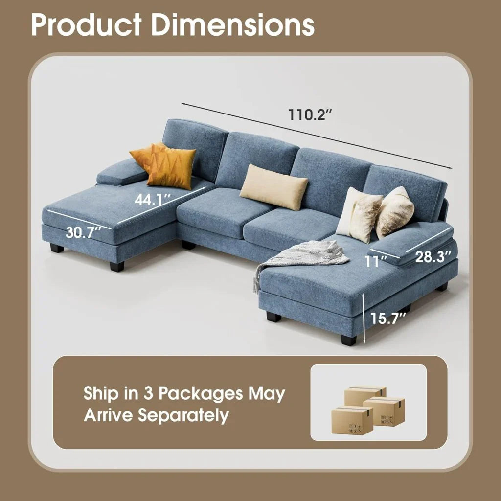 Furmax Sectional Couches For Living Room, U-Shaped Sofa Couch With Linen Fabric, 4 Seat Sofa Set With Double Chaise For Apartment, Fabric, Grey