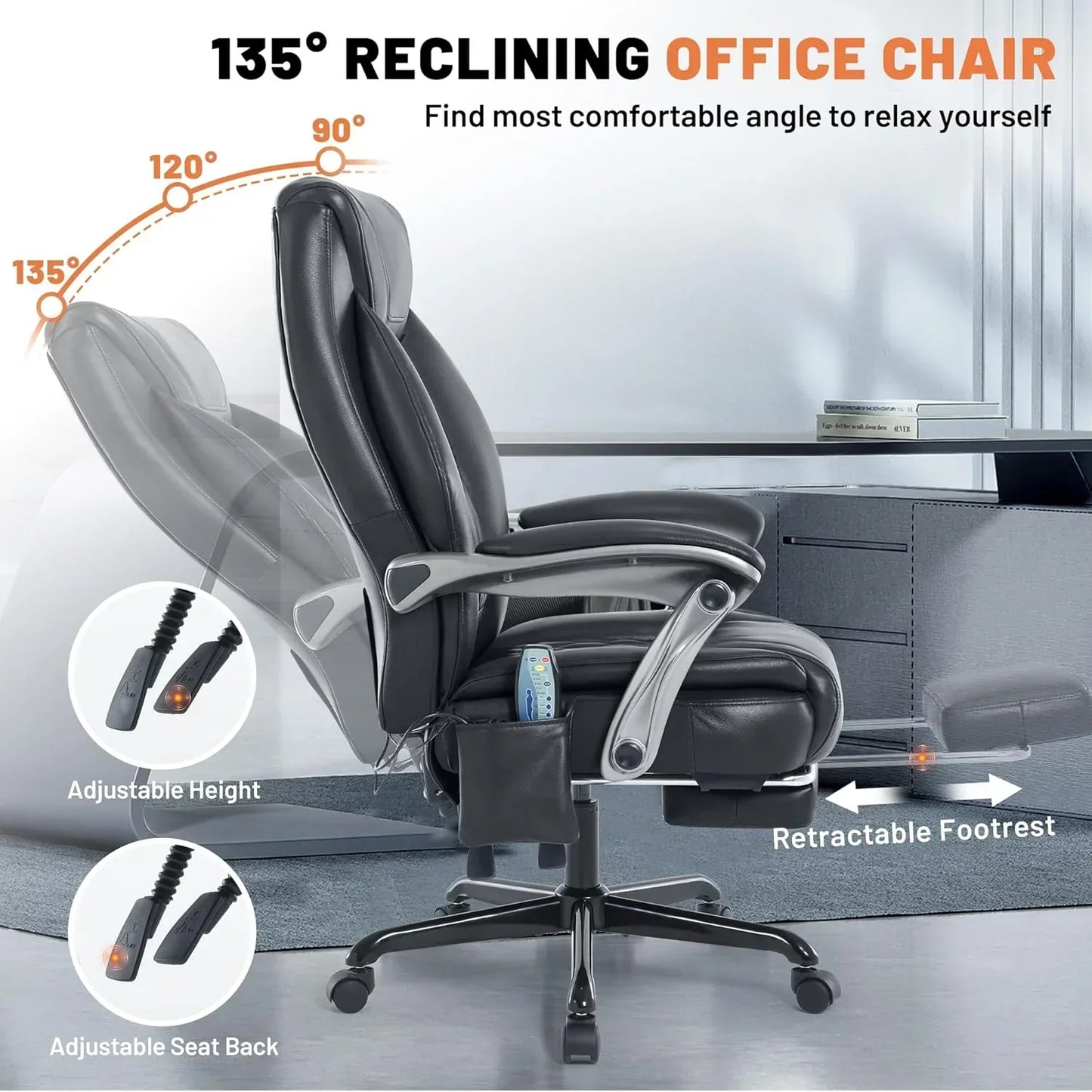Massage Office Chair With Heating And Footrest Ergonomic Executive Reclining Office Chair