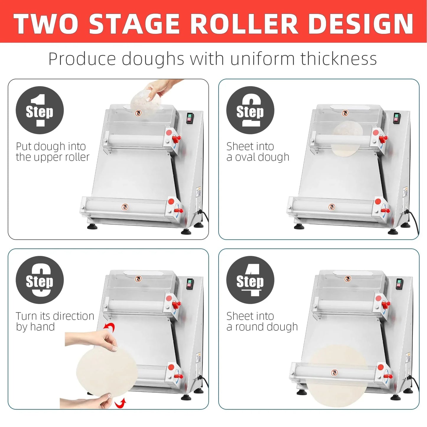 Commercial Pizza Dough Roller Sheeter, Max 16, Automatic 370W Electric Pizza Dough Roller, Stainless Steel, Suitable For Noodle