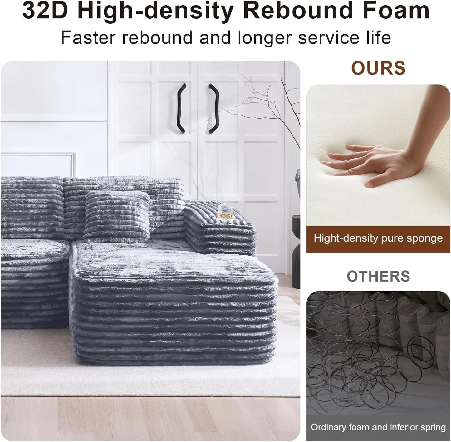 Cloud Sectional Couch With L-Shape Chaise, Modern Modular Sofa With Deep Seat, Built-In Cup Holder And Storage Pocket For Living Room Bedroom