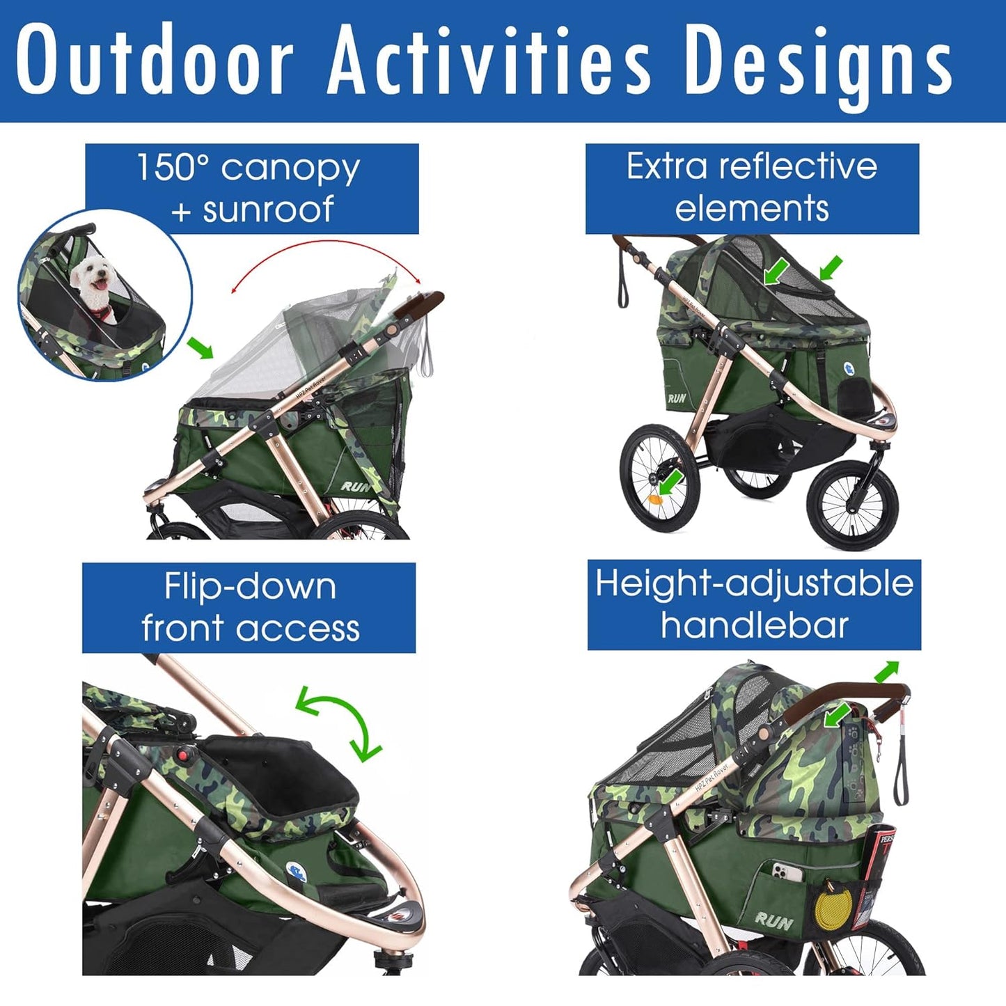 Jogging Sports Stroller With Comfort Rubber Wheels/Zipper-Less Entry/1-Hand Quick Fold/Aluminum Frame For Small/Medium Dogs Cats And Pets, Green Camo
