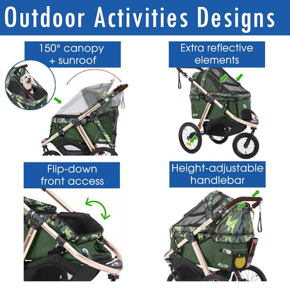 Jogging Sports Stroller With Comfort Rubber Wheels/Zipper-Less Entry/1-Hand Quick Fold/Aluminum Frame For Small/Medium Dogs Cats And Pets, Green Camo