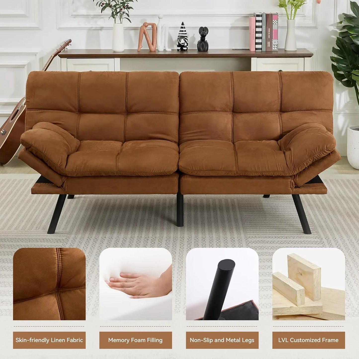 Amazon Basics Brown Loveseat, Convertible Couch Memory Foam Futon Sofa Bed Modern Sleeper Sofa For Small Compact Living Room, Office, Apartment