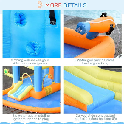 Kids Inflatable Water Slide 5-in-1 Bounce House Water Park Jumping Castle With Water Pool, Slide, Climbing Walls, And 2 Water Cannons, 450W Air Blower