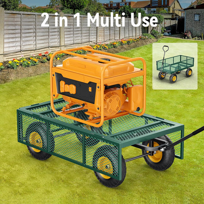 Steel Garden Cart 2-in-1 1400 Lbs Heavy Duty Utility Wagon With Removable Mesh Sides To Convert Into Flatbed 240 U-Turn 13 In. Pneumatic Tires
