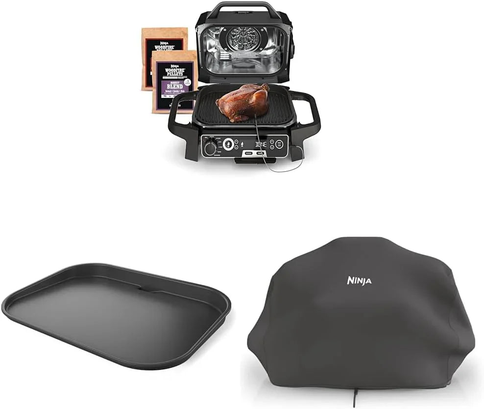 7-in-1 Grill And Smoker With Thermometer, Air Fryer, Bbq, Bake, Roast, Broil- Portable Electric Outdoor Grill, Grey