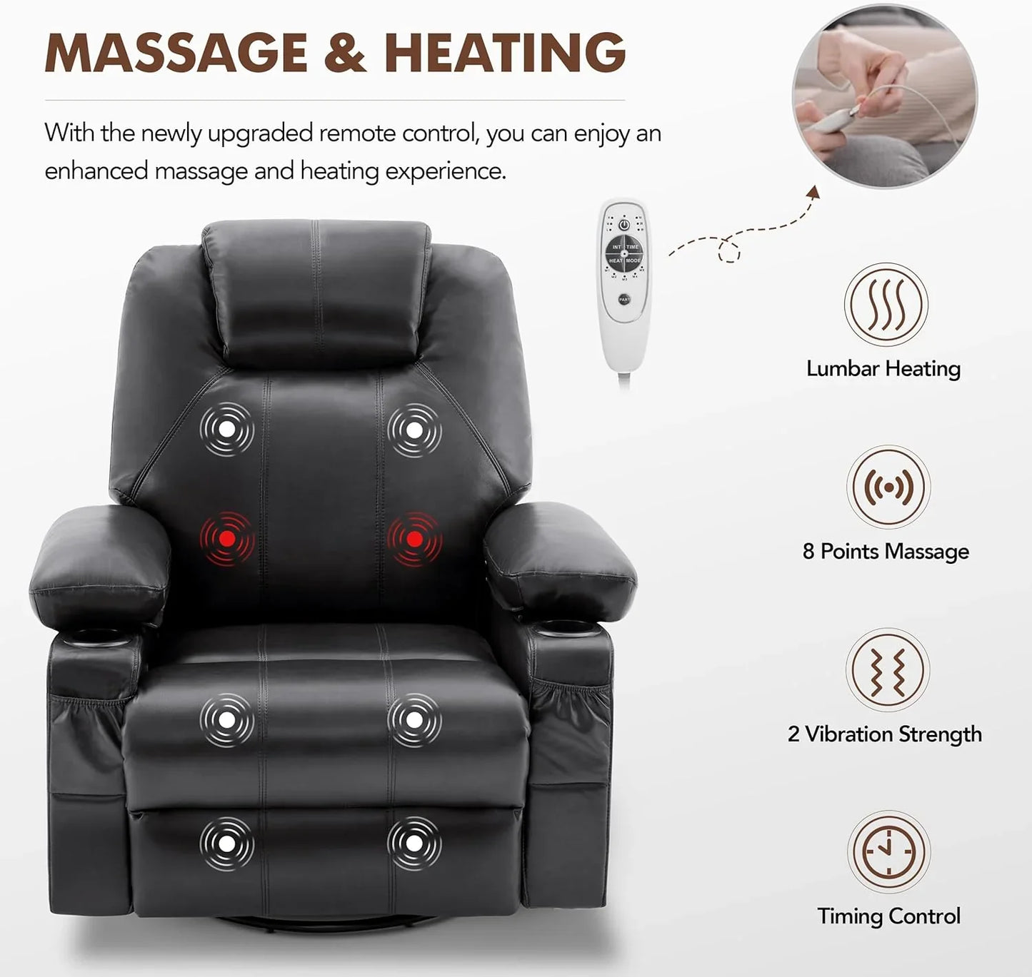 Oversized Swivel Rocker Recliner Chair With Heat And Massage, 360 Degree Swivel Rocking Single Sofa With Cup Holders And USB Port