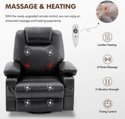 Oversized Swivel Rocker Recliner Chair With Heat And Massage, 360 Degree Swivel Rocking Single Sofa With Cup Holders And USB Port