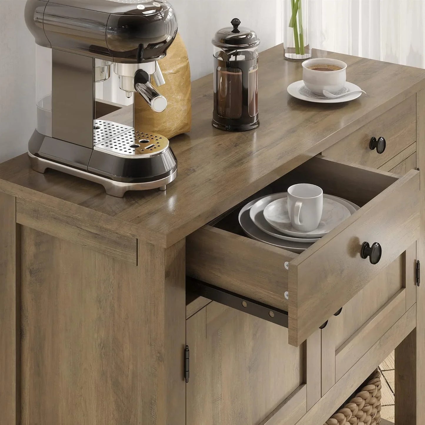 Hostack Farmhouse Console Table With 2-Door Cabinet And 2 Drawers, Coffee Bar, Entryway Table With Storage Shelf