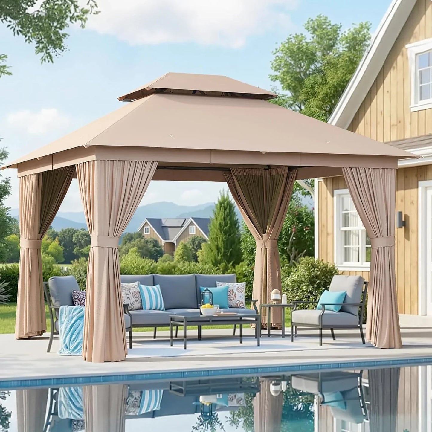 Aoxun Outdoor Gazebo For Patio 10x12, Metal Frame Canopy With Double Roofs