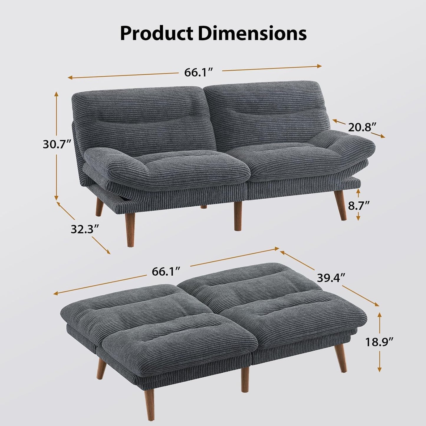 Pipishell Convertible Futon Sofa Bed, 66 In. Corduroy Futon Couch With Adjustable Backrest And Armrests, Recliner Sleeper Sofa For Small Spaces